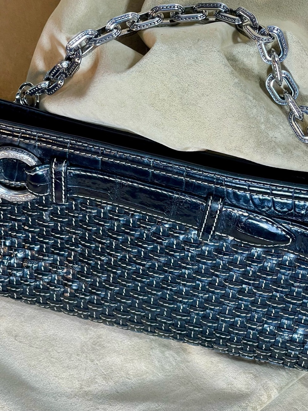 Brighton Black Woven Leather Mini Shoulder Bag with Silver Chain